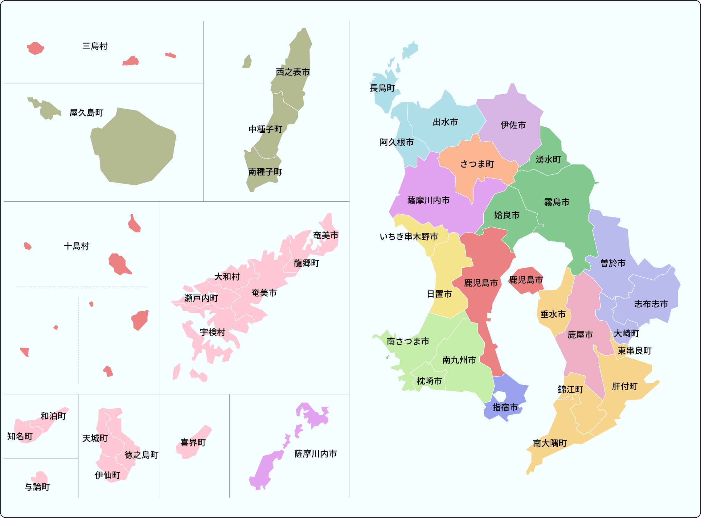 鹿児島県内を14の地域に分けたマップ