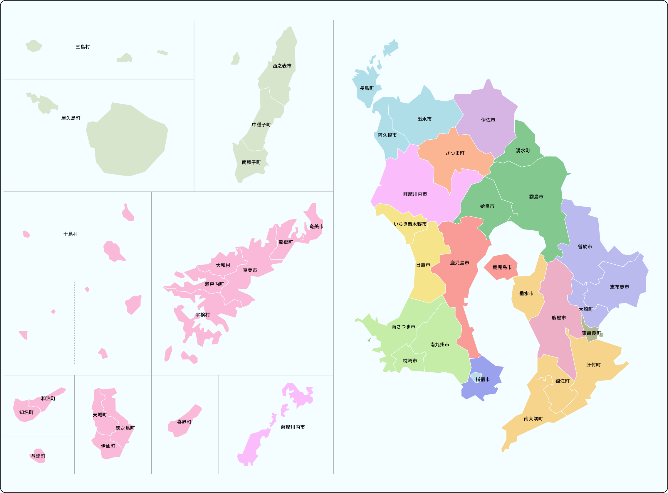 鹿児島県内を14の地域に分けたマップ